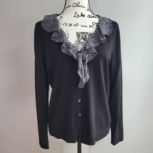August Silk large silk blend black button front cardigan leopard scarf detail